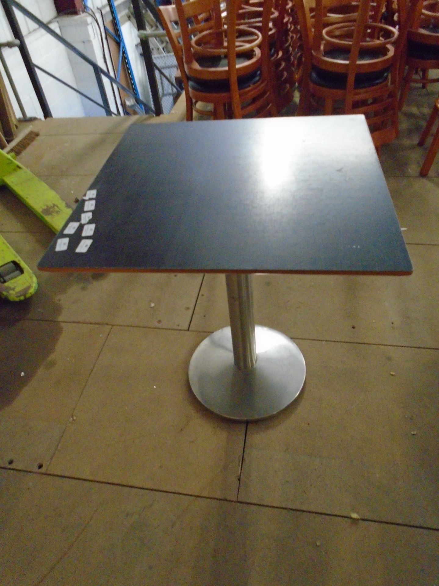 * 4 x S/S pedestal base table with 650 x 650 square tops - dark grey wood effect