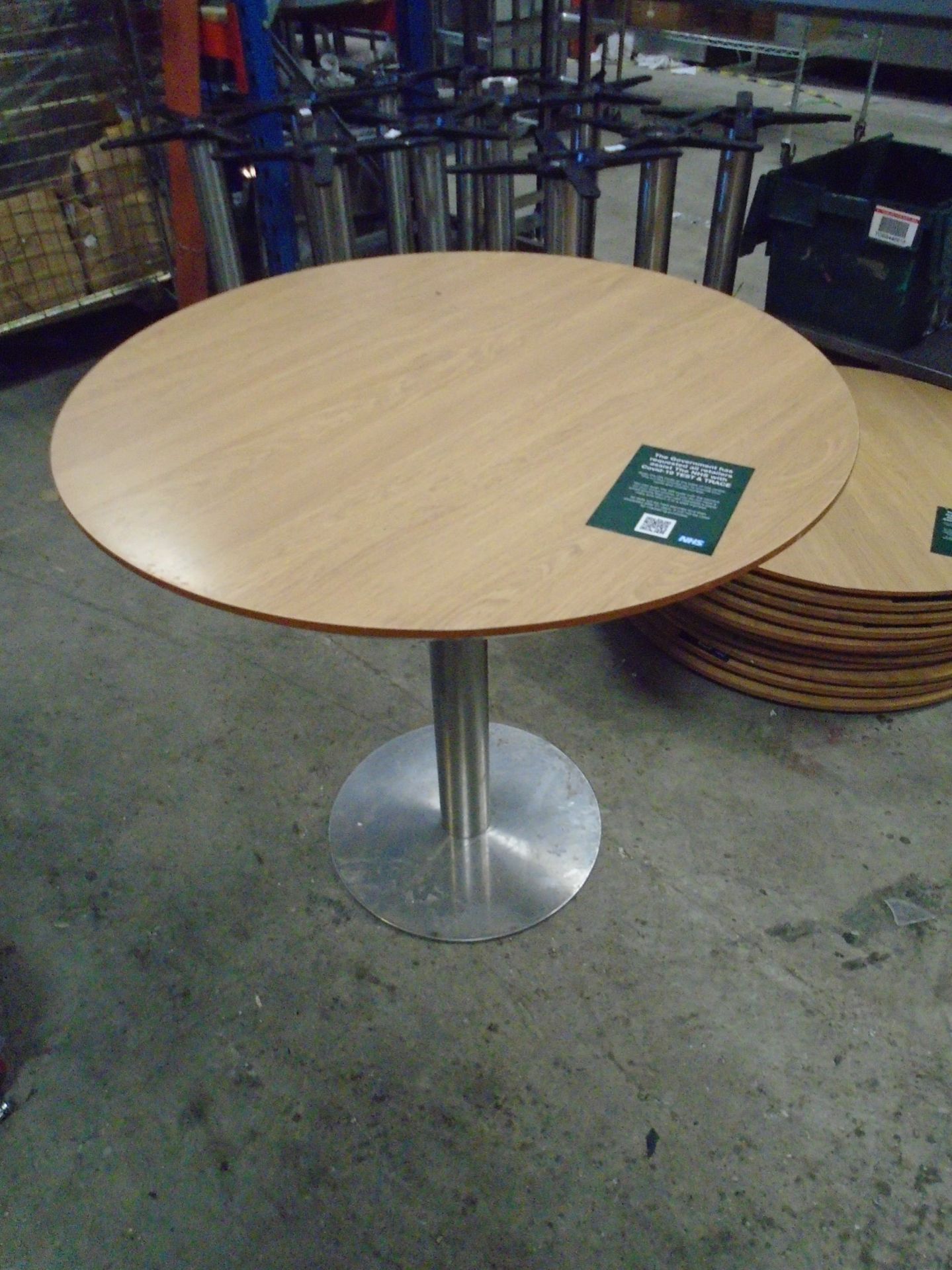 * 4 x S/S pedestal base table with 800 diameter round tops - beech effect
