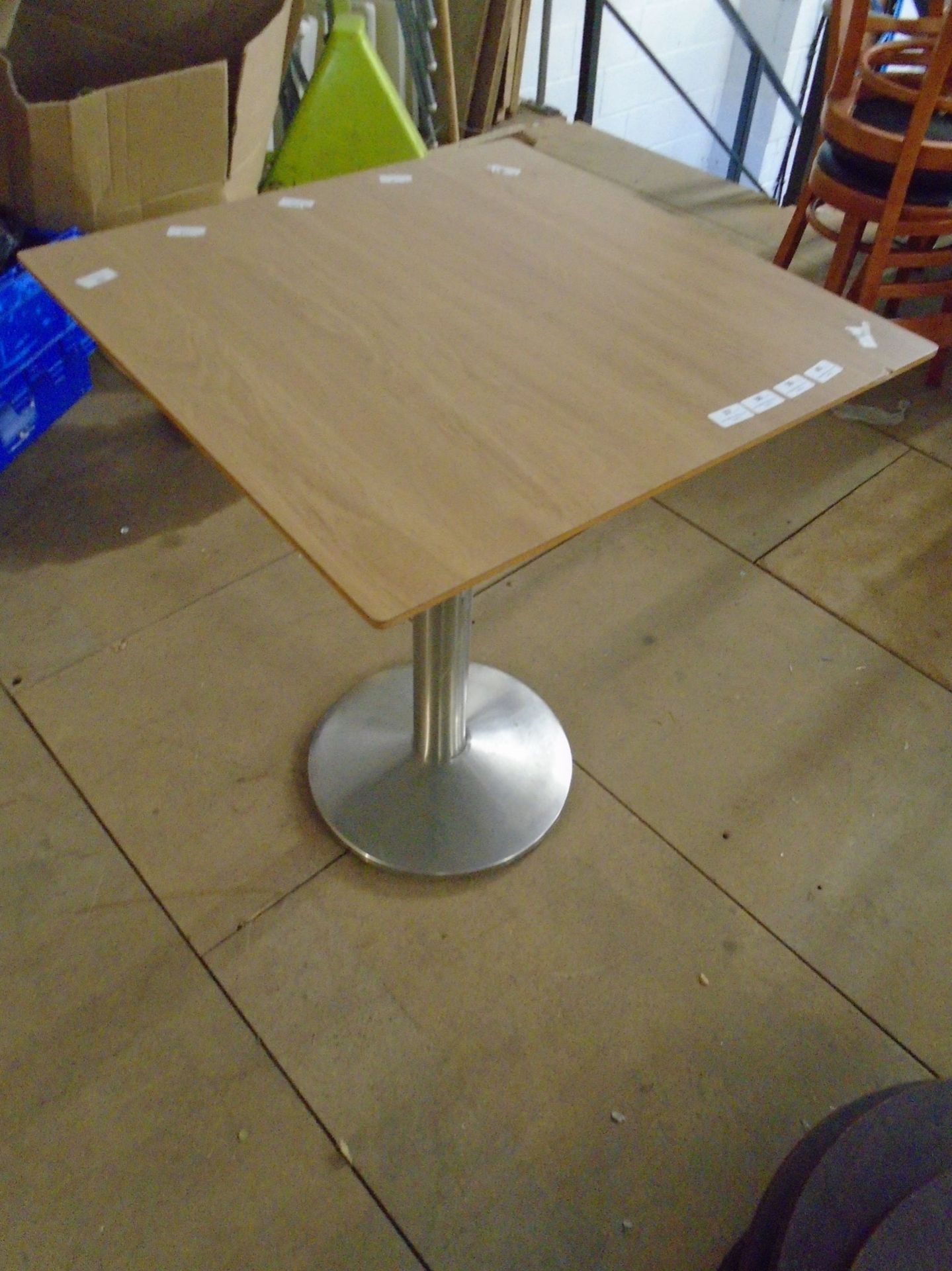 * 4 x S/S pedestal base table with 650 x 650 square tops - beech effect