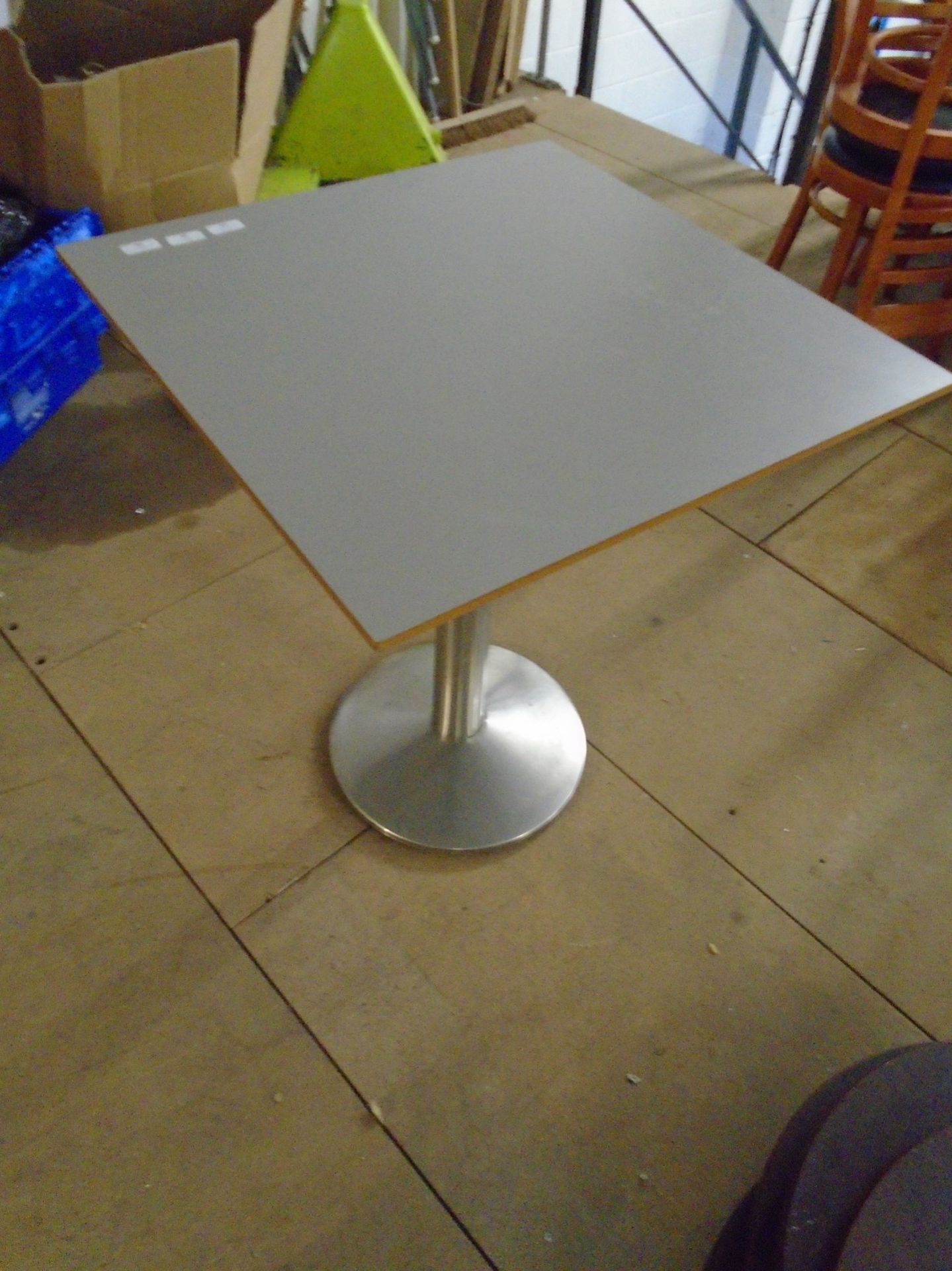 * 3 x S/S pedestal base table with 650 x 650 square tops - light grey