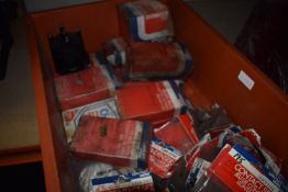 Box of Unipart; Condensers, Brake Pads, Distributer Caps, etc.