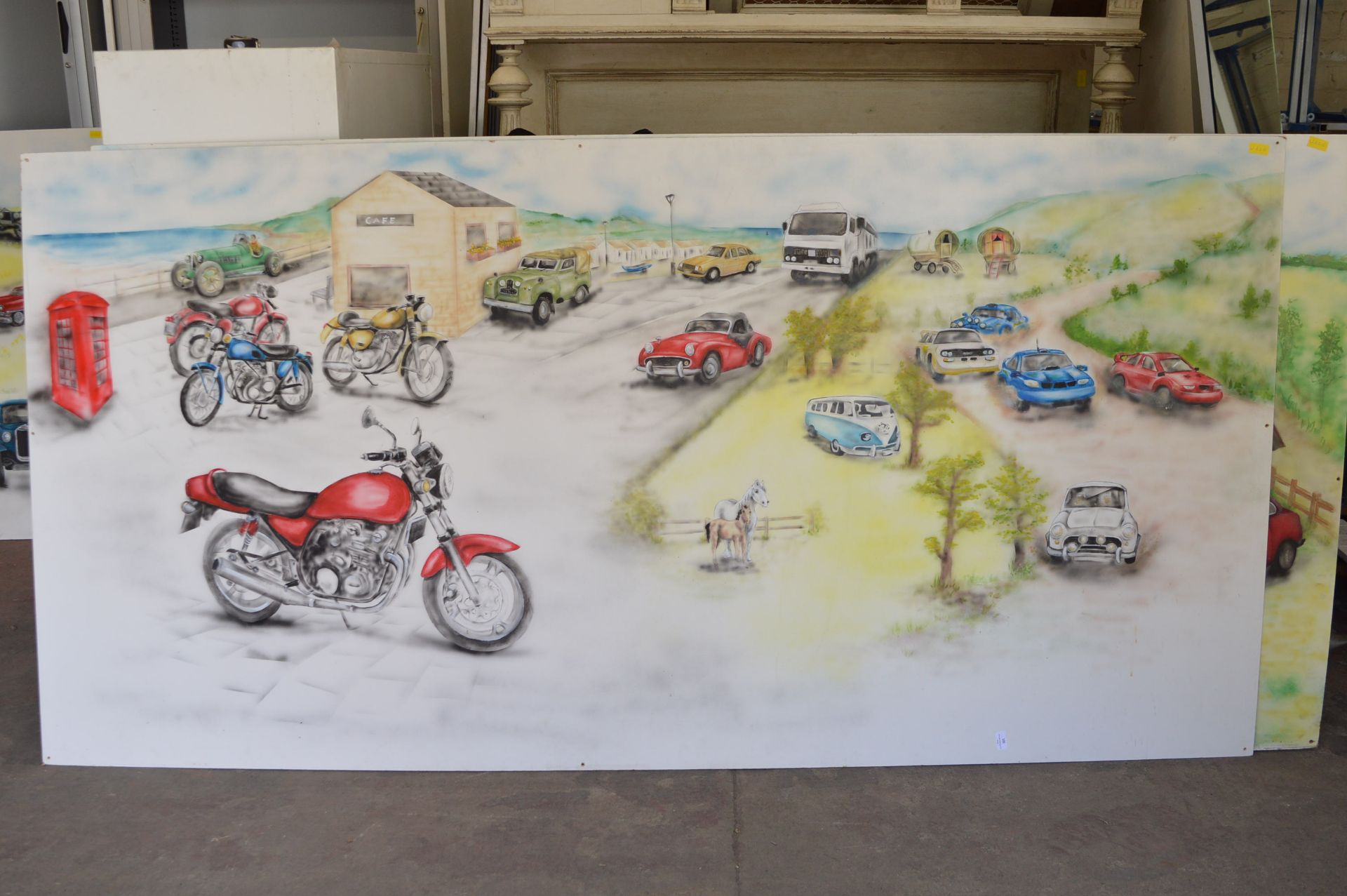 *8ft x 4ft Painting on Board of Cars, Motorcycles,