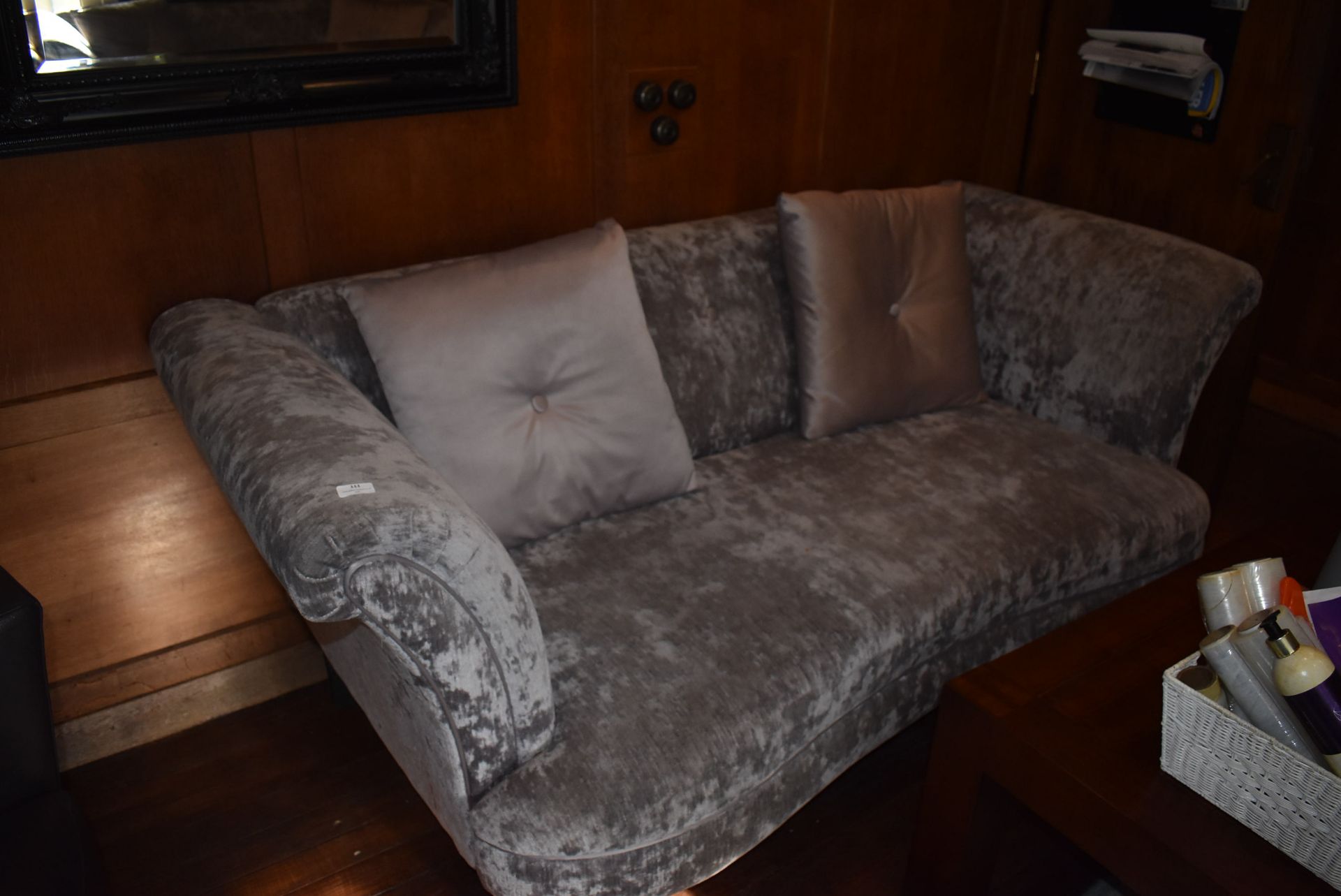 *Traditional Style Button Back Two and a Half Seat Sofa in Grey Fabric Upholstery with Two Cushions