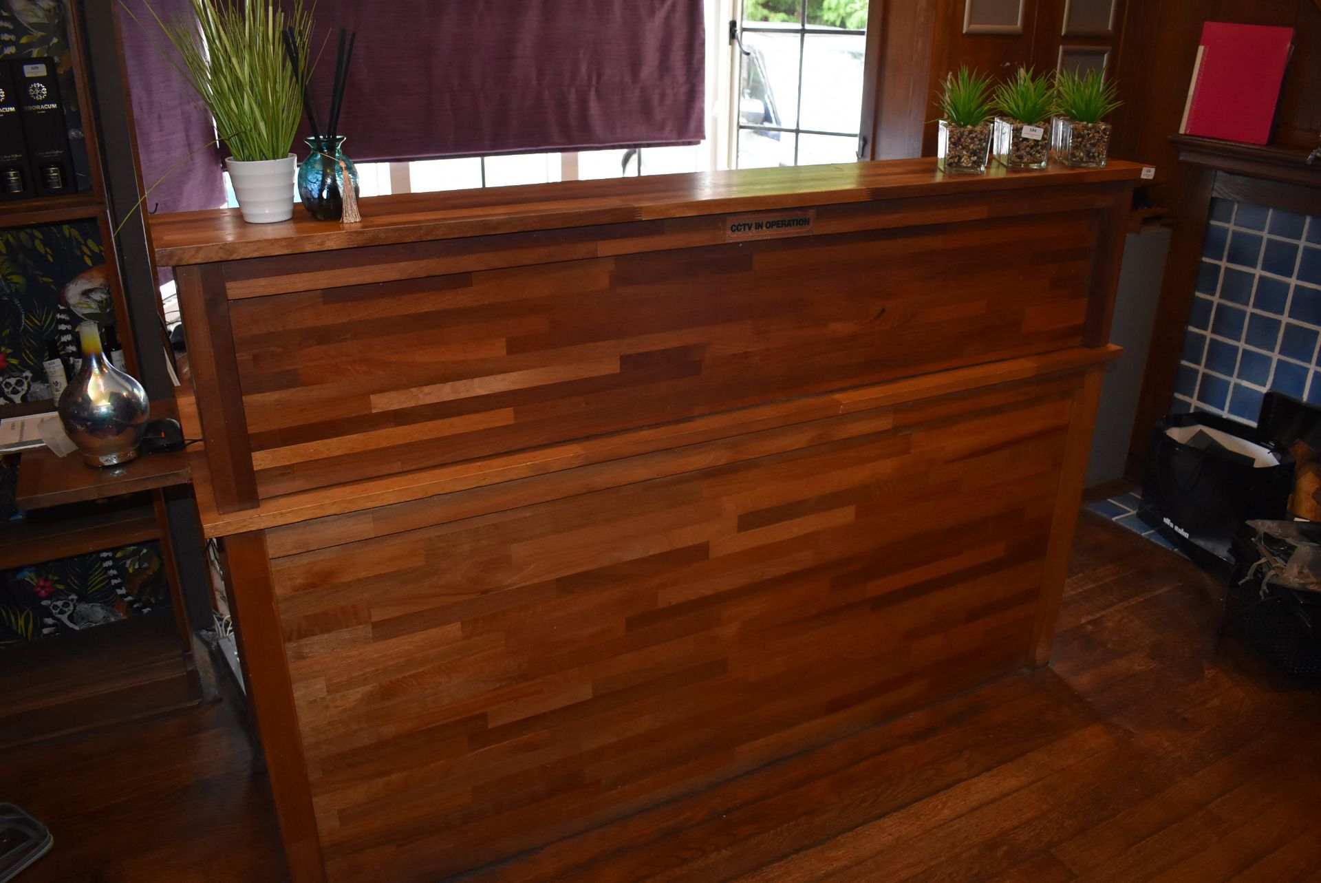*Teak Reception Desk ~180x60cm with Integral Knee Hole, Storage, and Shelving