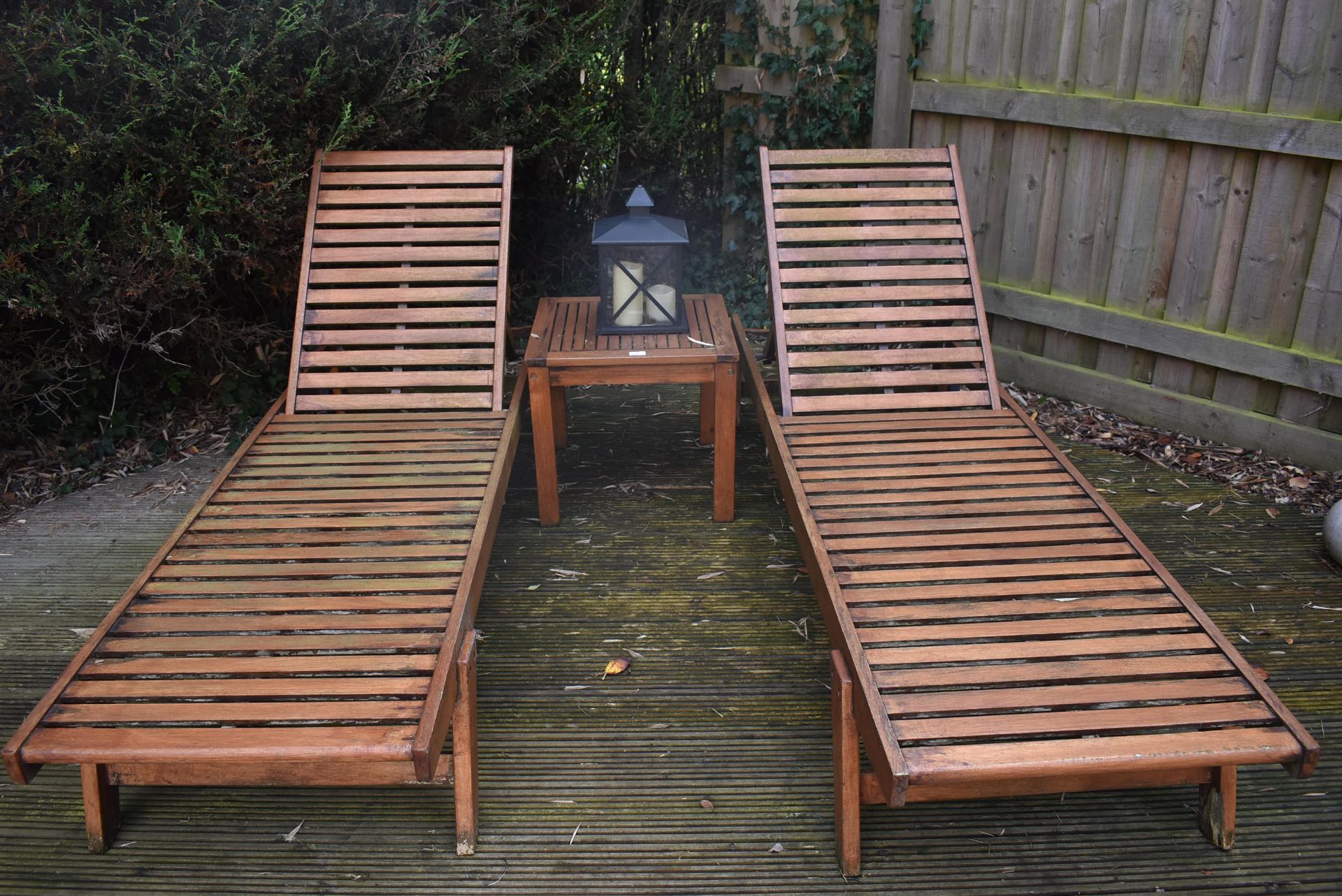 *Pair of Hardwood Sun Loungers and Matching Occasional Table