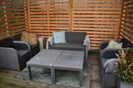*7pc Grey Rattan Patio Set Comprising Four Chairs, Two Seat Sofa, and Two Occasional Tables, to