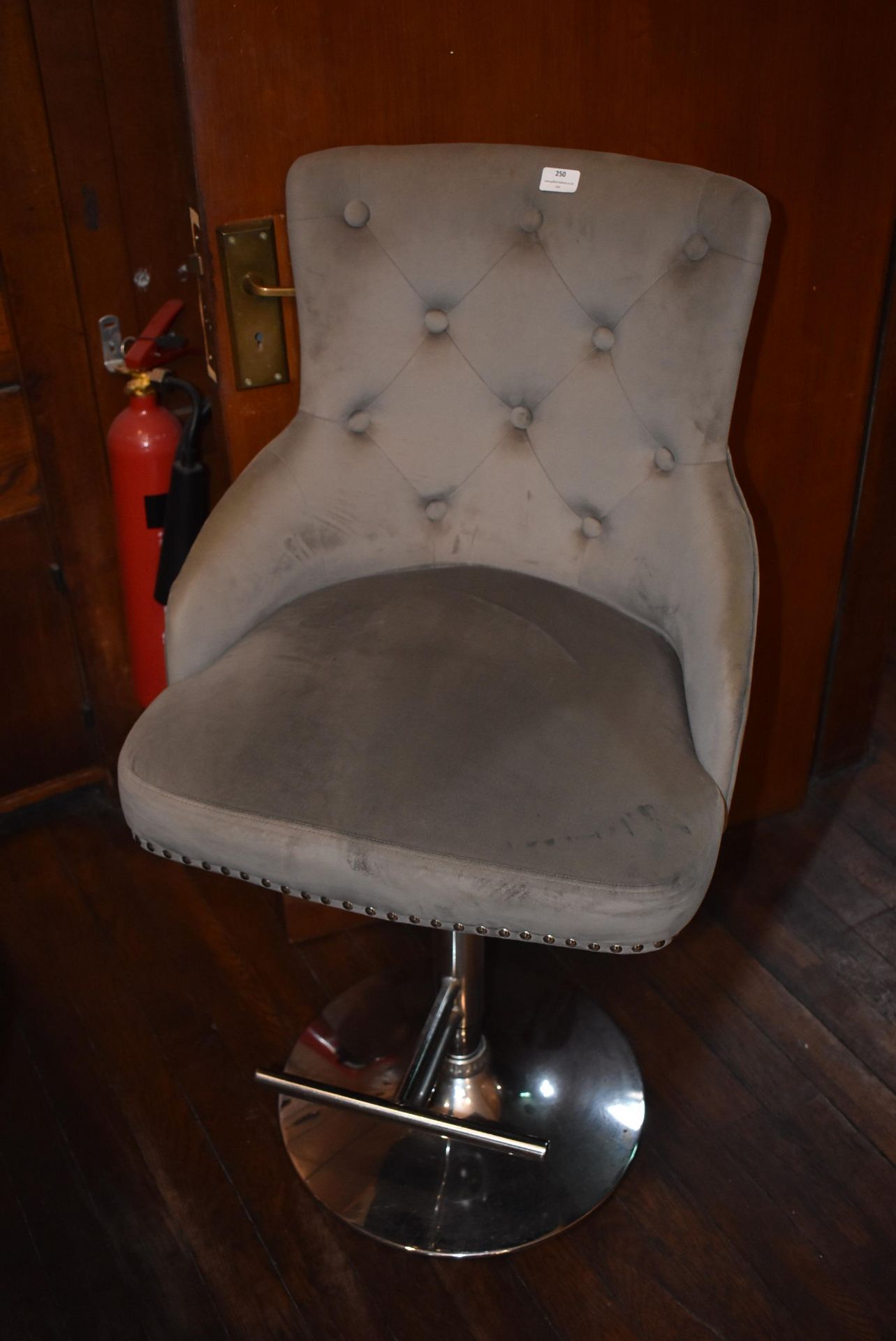 *Gas-Lift Barstool with Grey Buttoned Upholstery