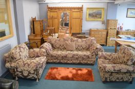 Plum & Gold Three Piece Suite; Two Seat Sofa and Two Armchairs