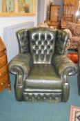 *Green Leather Chesterfield Wingback Armchair