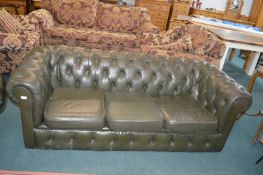 *Green Leather Chesterfield Three Seat Sofa