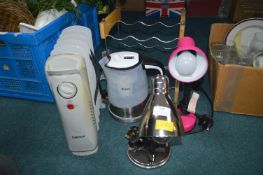 Two Desk Lamps, Kettle, Wine Rack, and a Electric