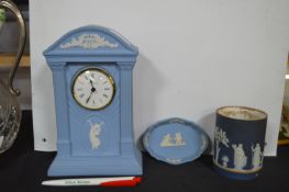 Wedgwood Blue & White Clock, Beaker, and Dish