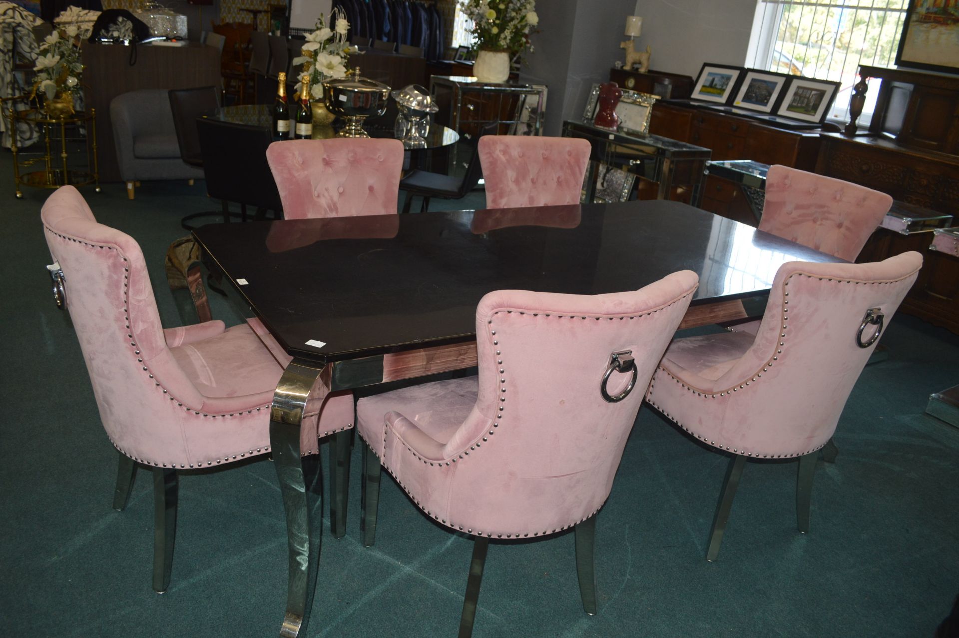 Final Touches Black Topped Dining Table on Chrome Legs with Six Pink Upholstered Chairs - Image 3 of 4