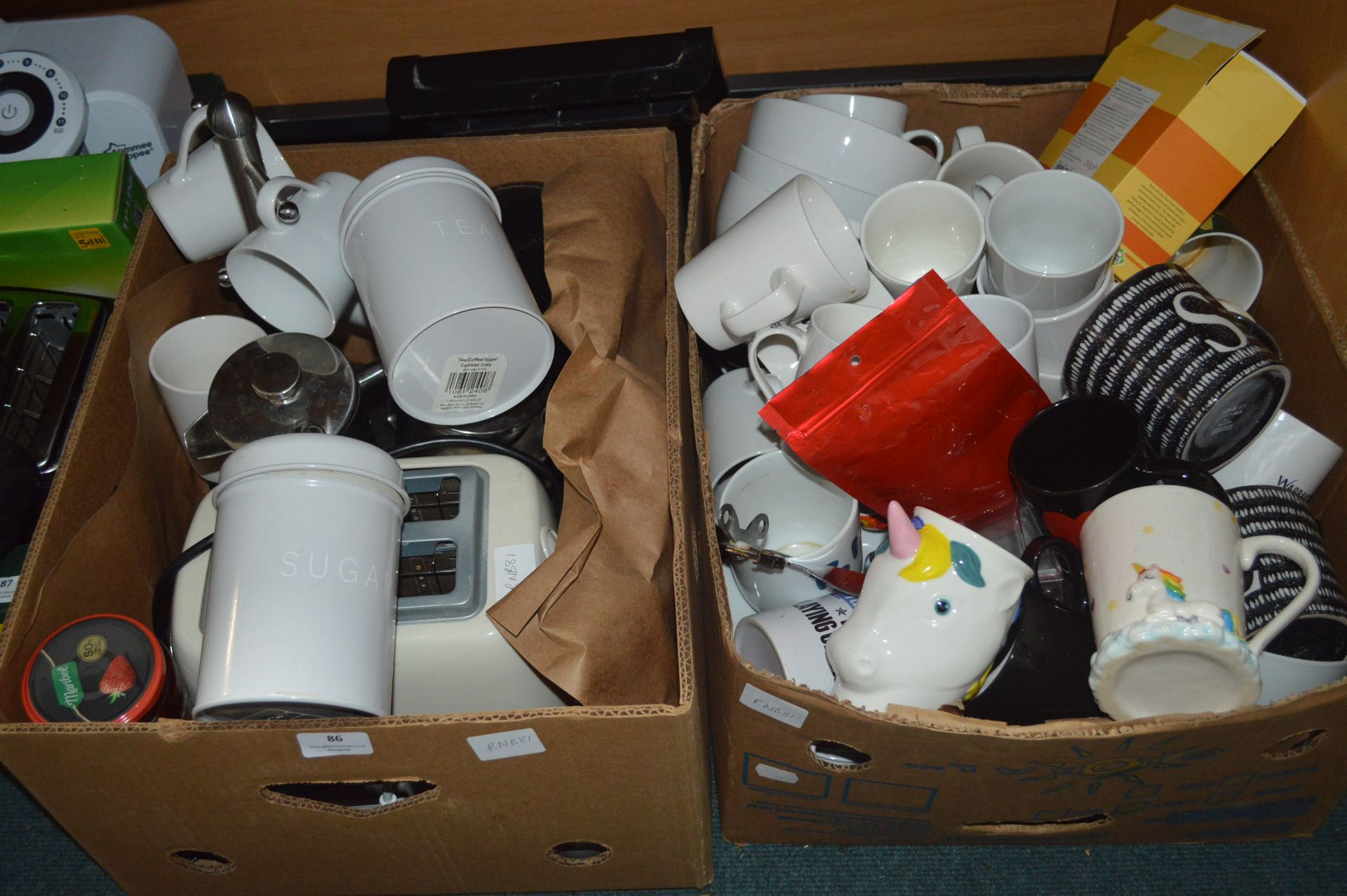 *Two Boxes of Kitchenware, Mugs, Toasters, Storage