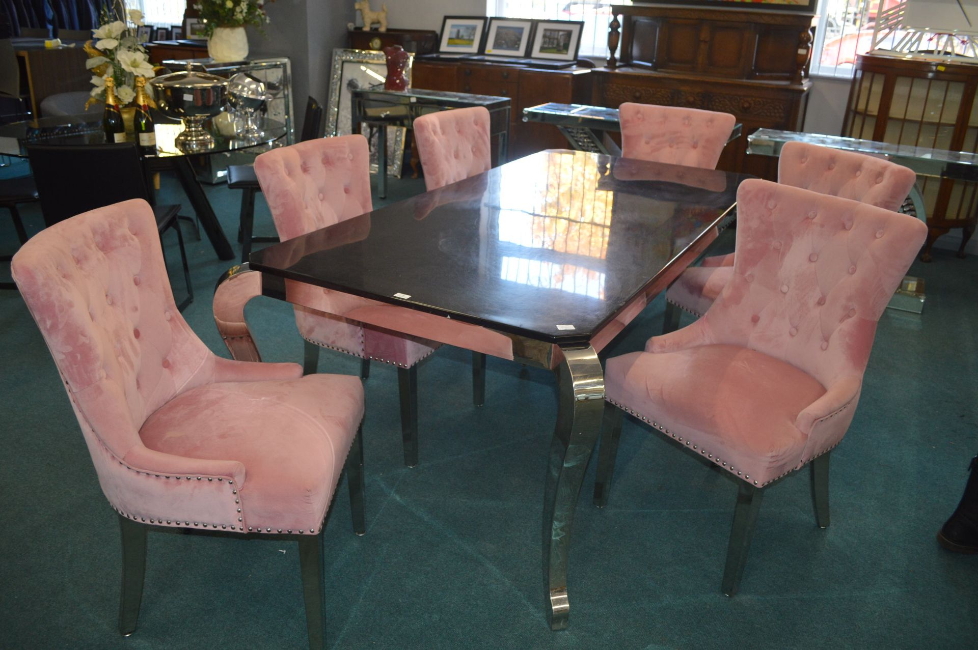 Final Touches Black Topped Dining Table on Chrome Legs with Six Pink Upholstered Chairs