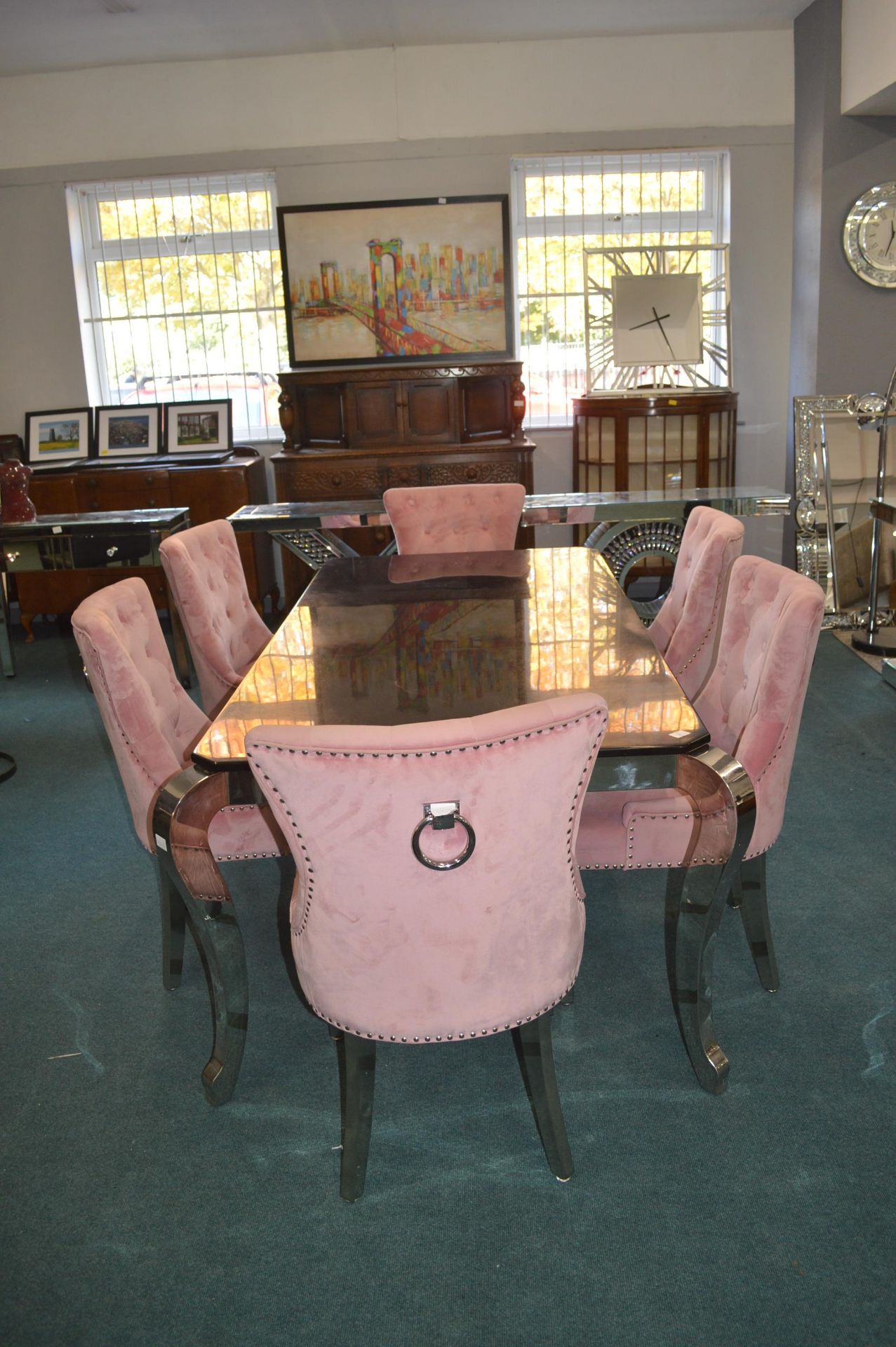 Final Touches Black Topped Dining Table on Chrome Legs with Six Pink Upholstered Chairs - Image 2 of 4