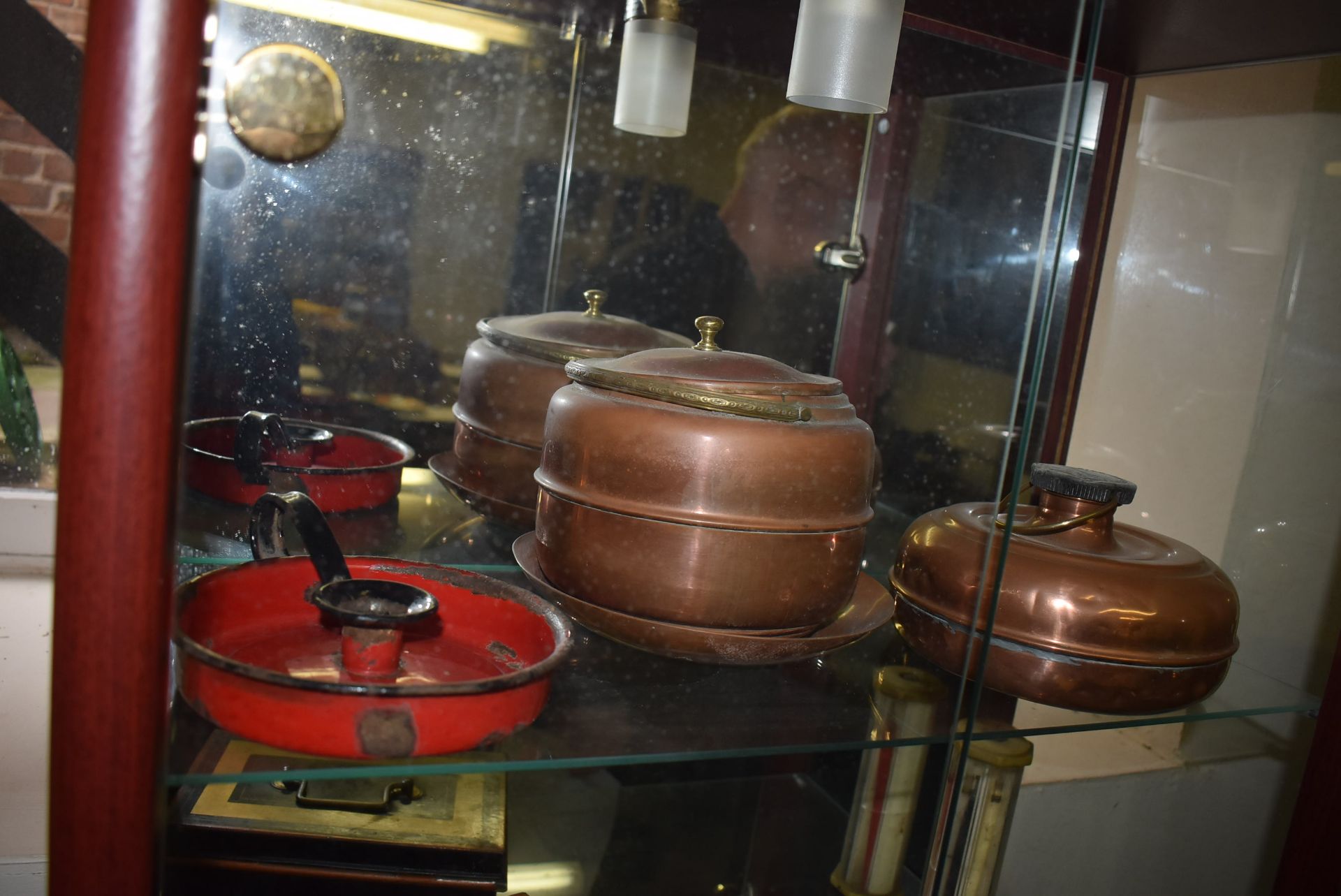 Contents of Display Cabinet; Two Copper Water Warmers, String Box, Cigarette Boxes, etc. - Image 2 of 4