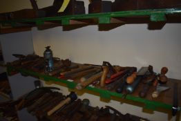 Shelf of Assorted Tools, Hammer, Plane, Grease Gun, etc.