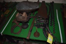 Assorted Tools; Saws, Hammers, Balance Scales, etc.