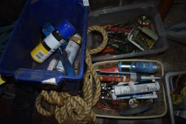 Three Tubs of Snips, Stilson, Sealer, Cans, etc.
