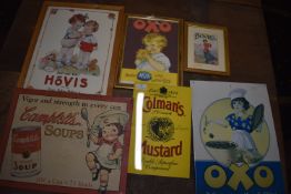 Three Metal Advertising Signs and Three Framed Advertising Prints