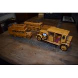 Three Handmade Matchstick Models; Vintage Car, Bus, and Steam Train
