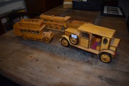 Three Handmade Matchstick Models; Vintage Car, Bus, and Steam Train