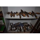 Two Shelves of Trowels, Screwdriver, Chisels, Tyre Pump, etc.