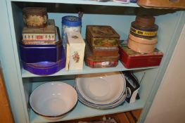 Contents of Two Shelves; Vintage Tins, Enamel Bowls, etc.