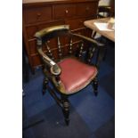 Four Retro Ebonised Carver Chairs with Red Leather Seat Pads