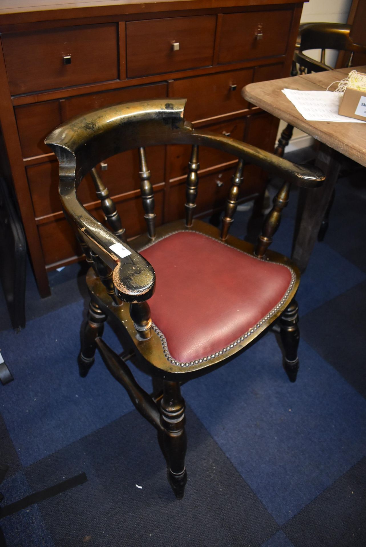 Four Retro Ebonised Carver Chairs with Red Leather Seat Pads