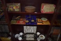 Three Shelves of Vintage Tins, Set of Balance Scales, Collectible Teaspoons, and Royalty