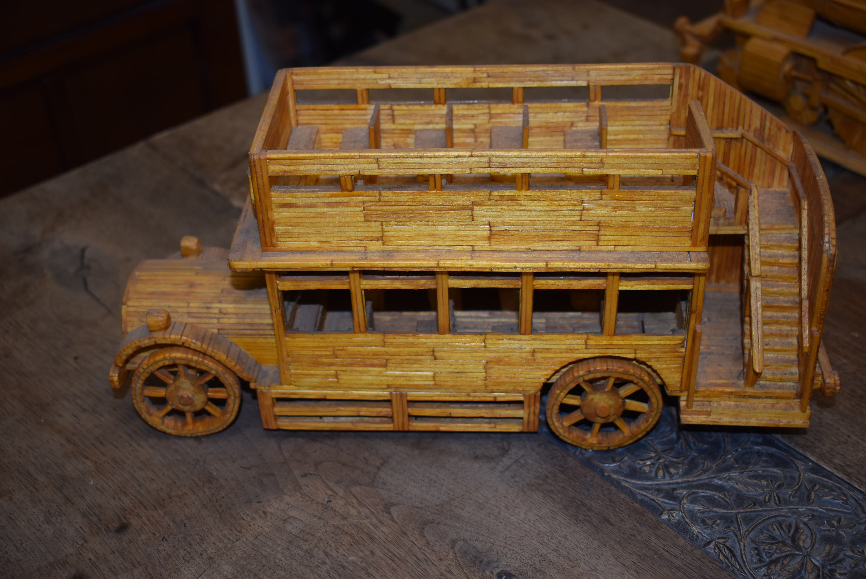 Three Handmade Matchstick Models; Vintage Car, Bus, and Steam Train - Image 7 of 12