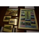 Four Framed Prints of Trains and a Framed British Steam Trains Informational Poster
