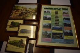 Four Framed Prints of Trains and a Framed British Steam Trains Informational Poster