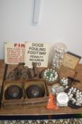 Collectible Thimbles, Irons, Bowling Balls, and Signs