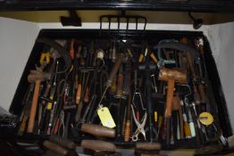 Shelf of Assorted Tools; Pliers, Snips, Mallets, etc.