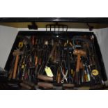 Shelf of Assorted Tools; Pliers, Snips, Mallets, etc.