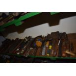 Shelf of Assorted Tools: Stilsons, Drill, Clamp, Wooden Mallet, etc.