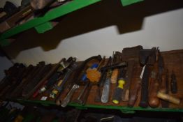 Shelf of Assorted Tools: Stilsons, Drill, Clamp, Wooden Mallet, etc.