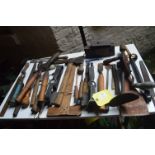 Assorted Tools; Hand Drill, Chisels, Set Square, Hatchet, etc.