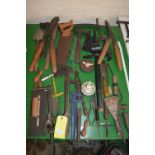 Assorted Tools; Saws, Stilsons, Snips, Scrapers, etc.