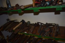 Shelf of Assorted Tools; Hammers, Plunger, Hand Scythe, etc.
