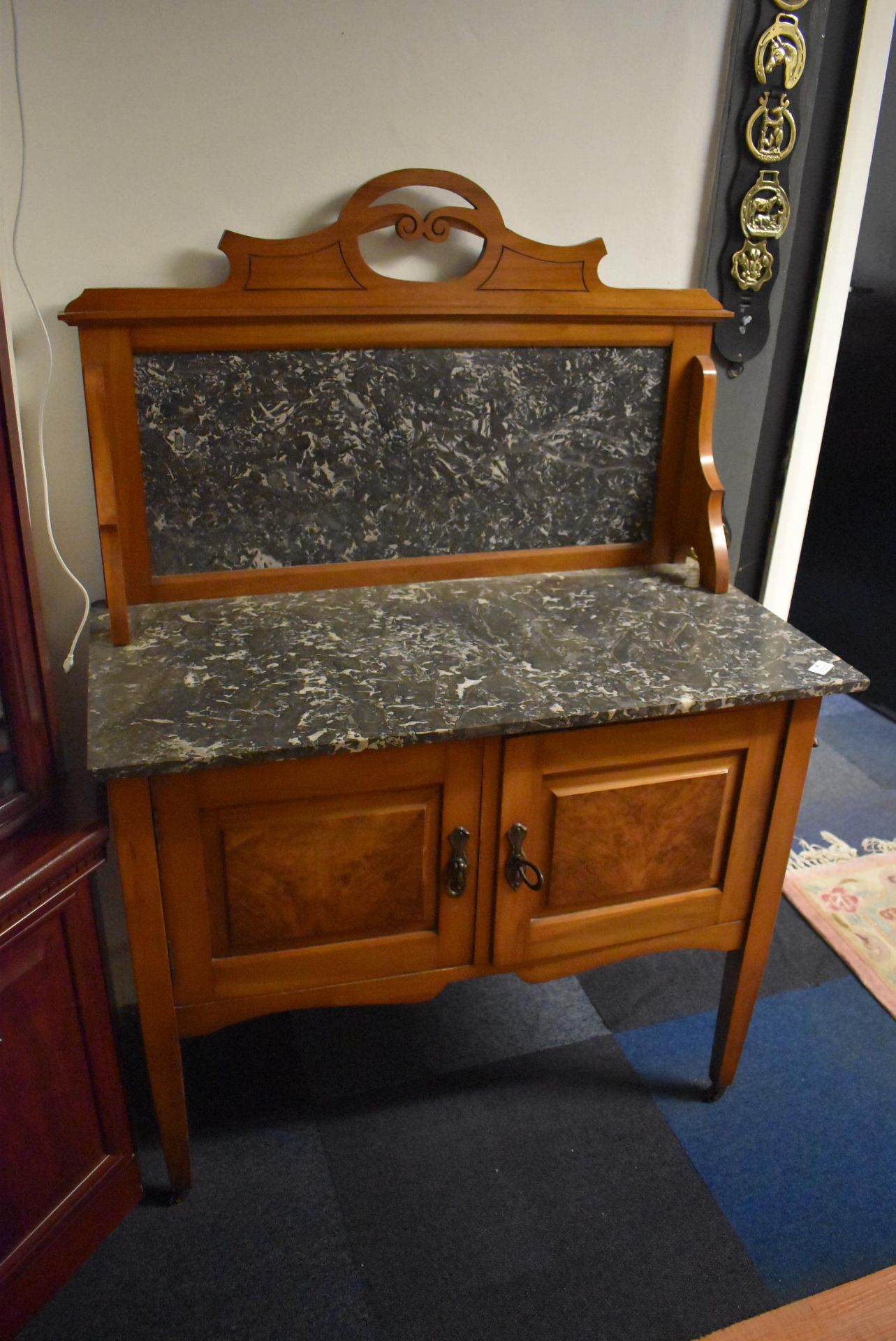 Washstand with Marble Top & Splashback, Two Doors, and Towel Rail