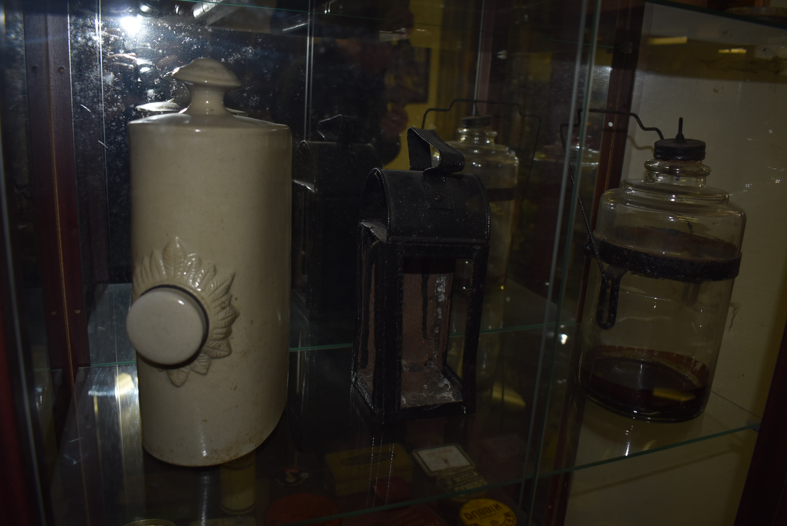 Contents of Display Cabinet; Small Vintage Tins, Bed Warmer, Glass Bottle, etc. - Image 3 of 4