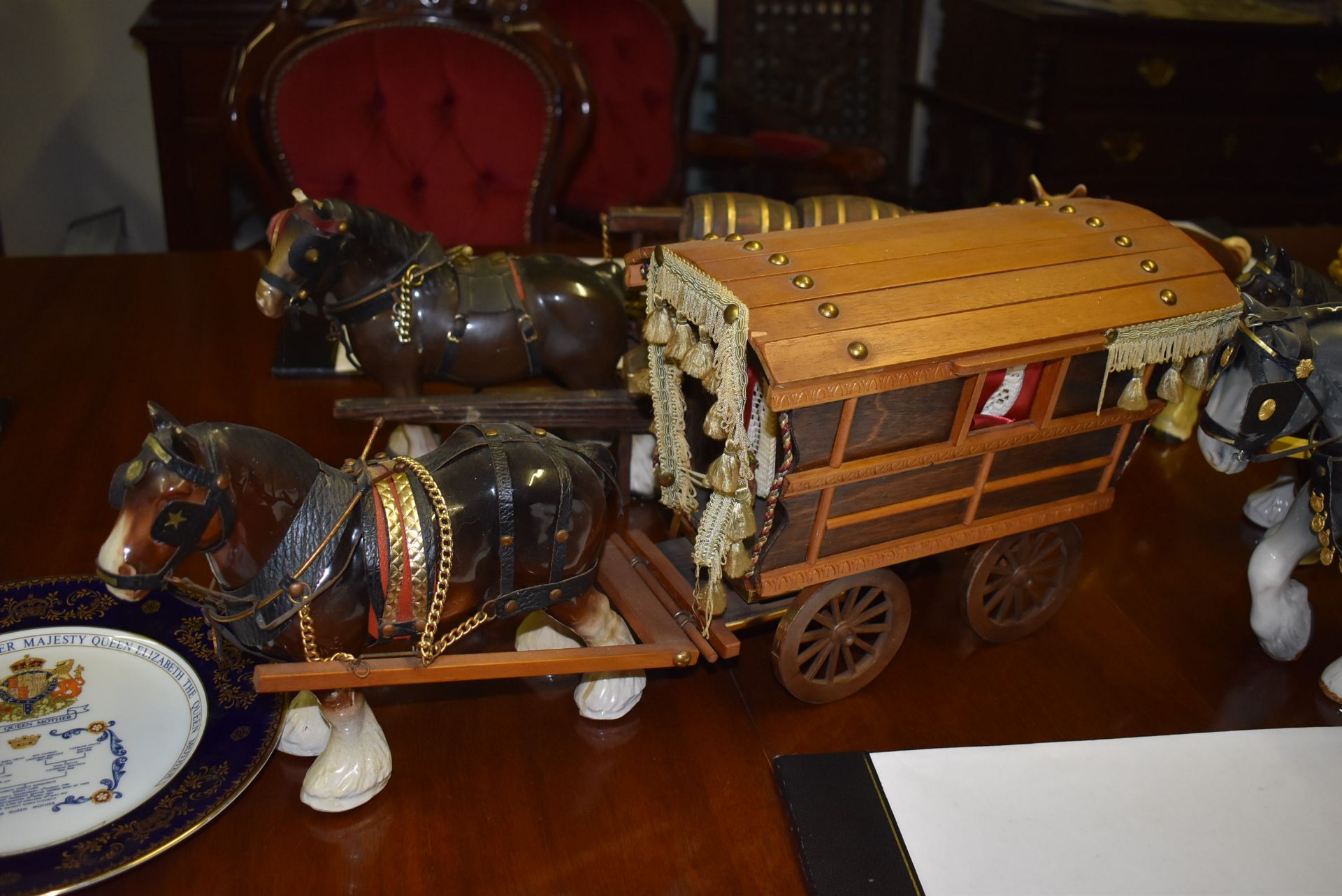 Five Pottery Shire Horses and Four Trailers - Image 2 of 5