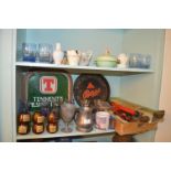 Contents of Two Shelves; Brewery Trays, Tankards, Glassware, and Pottery