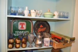 Contents of Two Shelves; Brewery Trays, Tankards, Glassware, and Pottery