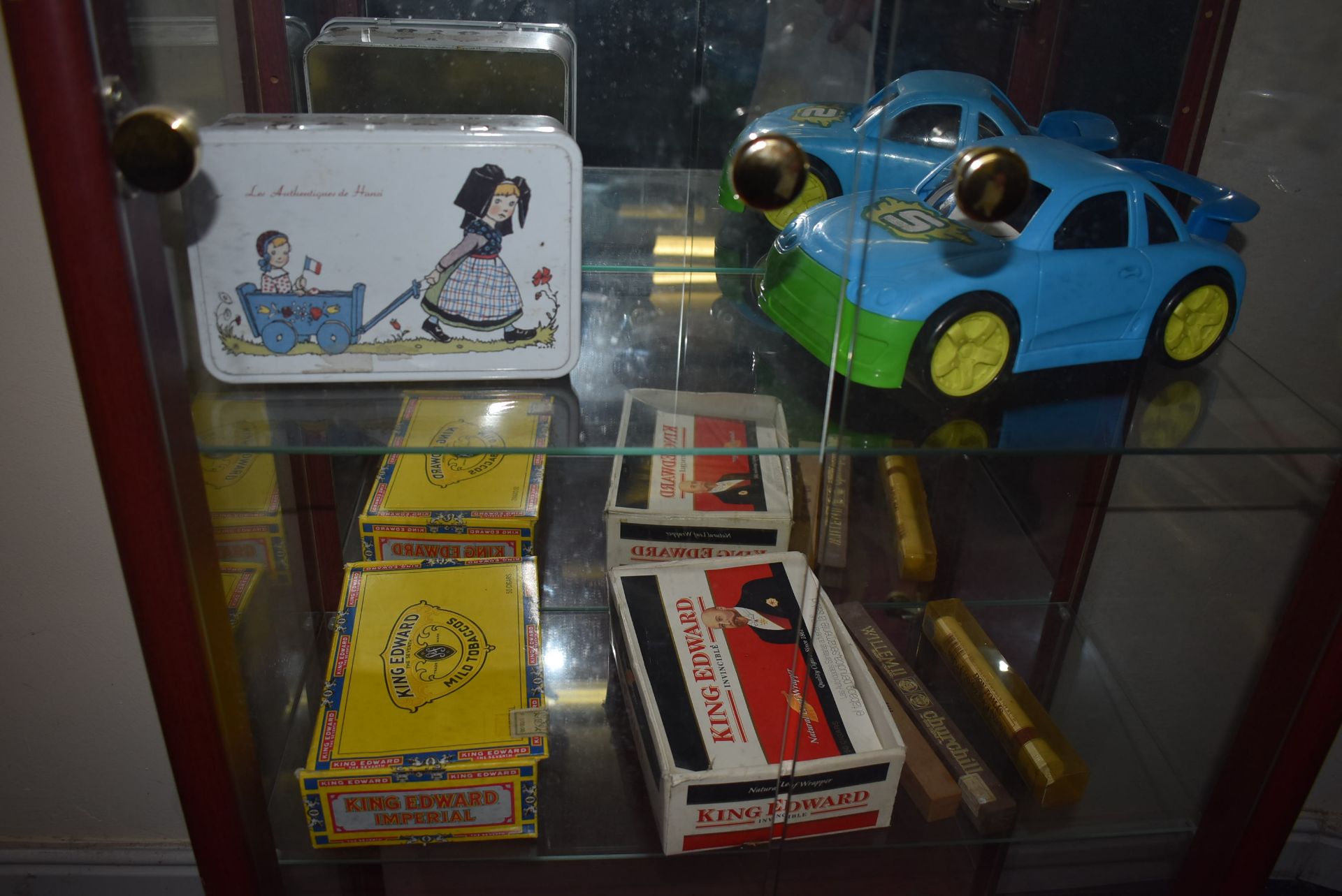 Contents of Display Cabinet; Two Copper Water Warmers, String Box, Cigarette Boxes, etc. - Image 4 of 4