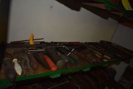 Shelf of Assorted Tools; Snips, Junior Hacksaws, Spirit Level, Tap Hammers, etc.